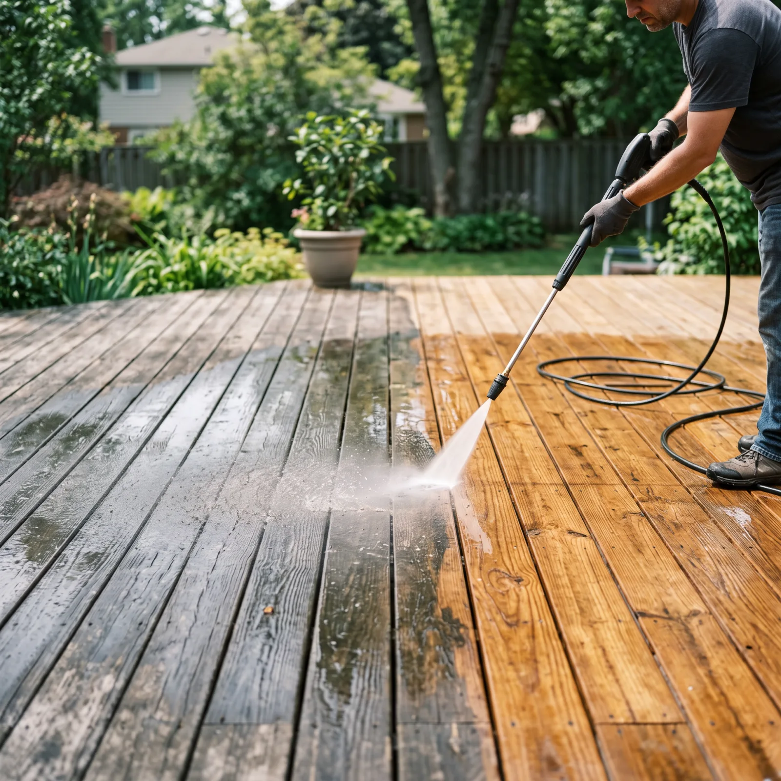 A pressure washer restoring weathered gray deck boards back to warm-toned clean wood
